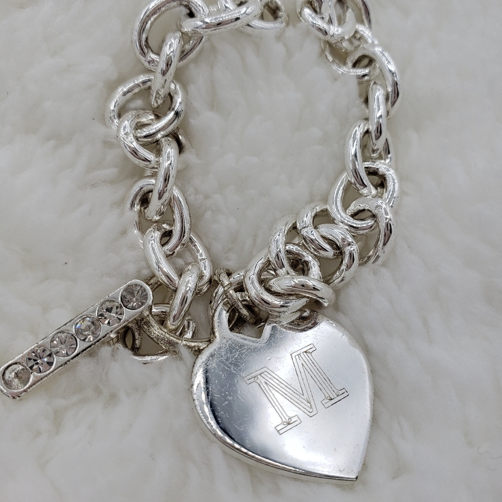 Personalized "M" Silver Heart Charm Bracelet